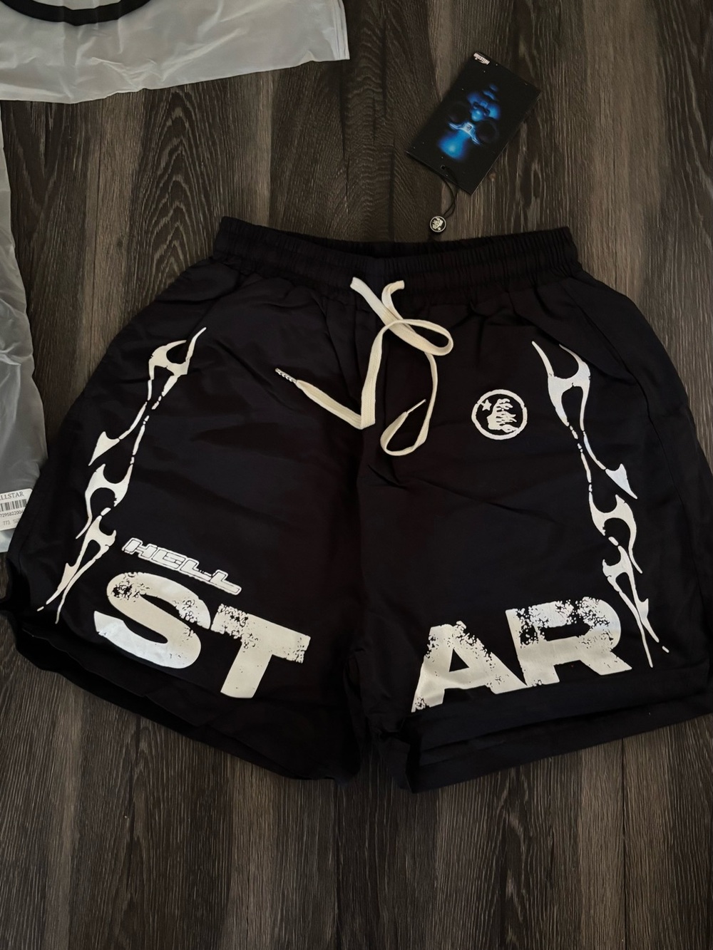 Men's Black Athletic Shorts with White Graphic Print and Drawstring